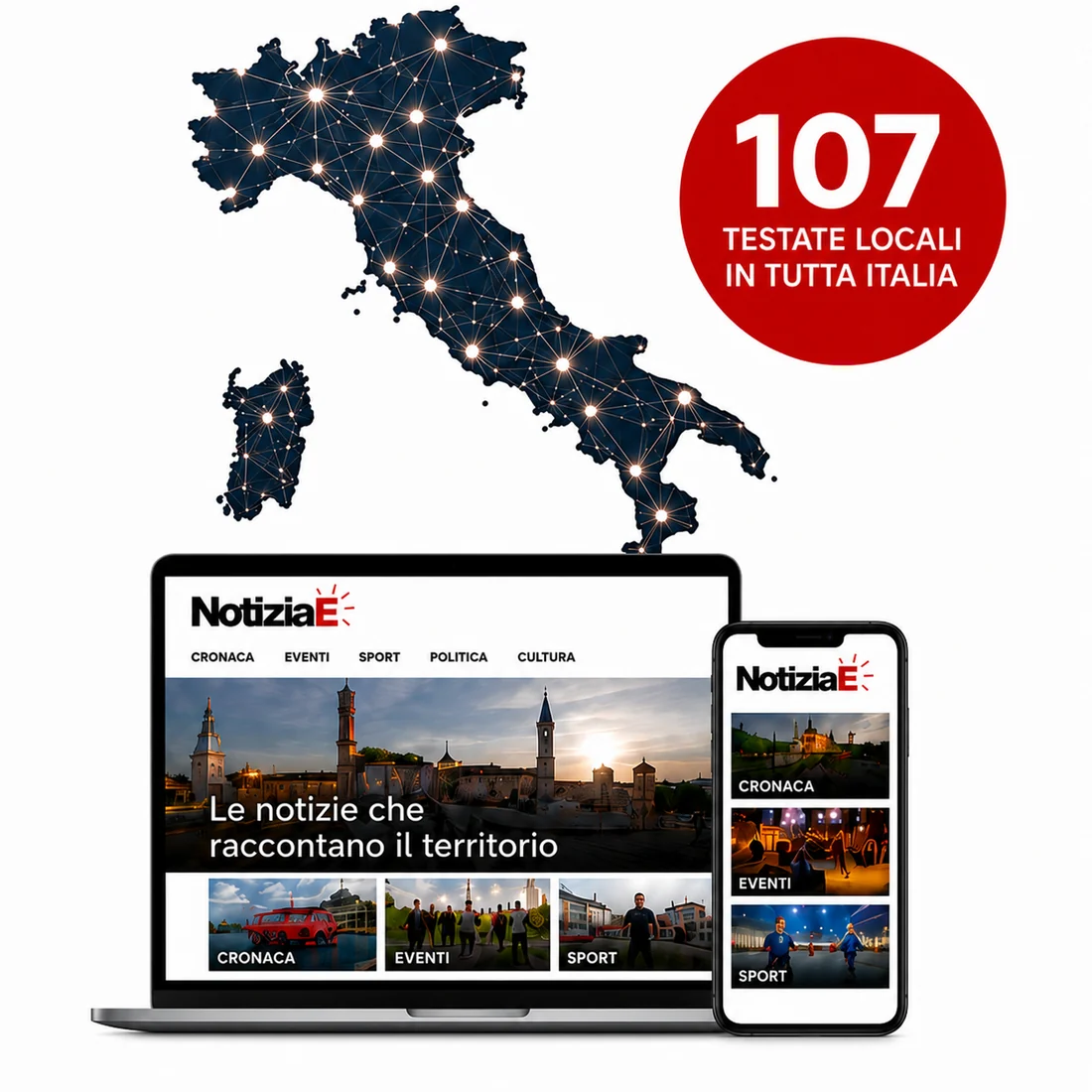 Mappa dell'Italia con la rete delle 107 testate locali NotiziaE, visualizzata su laptop e smartphone